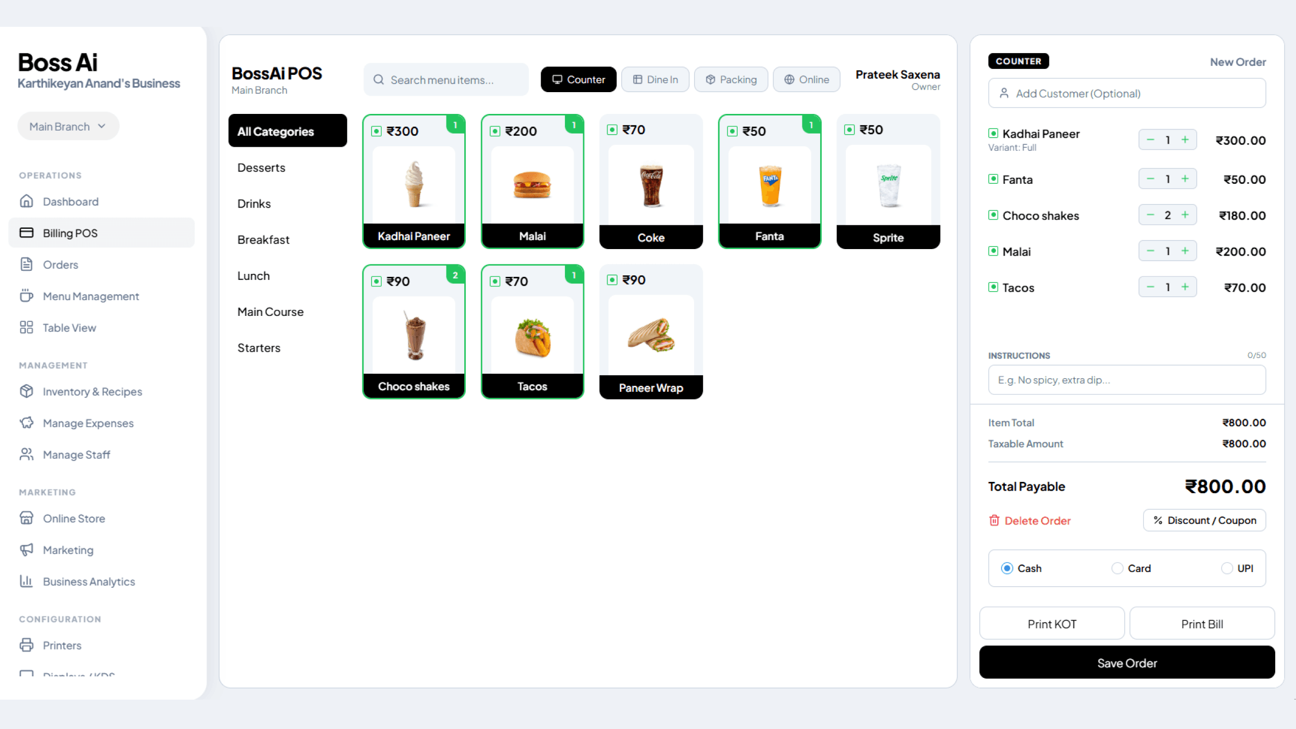 Boss Ai POS Billing Dashboard Interface